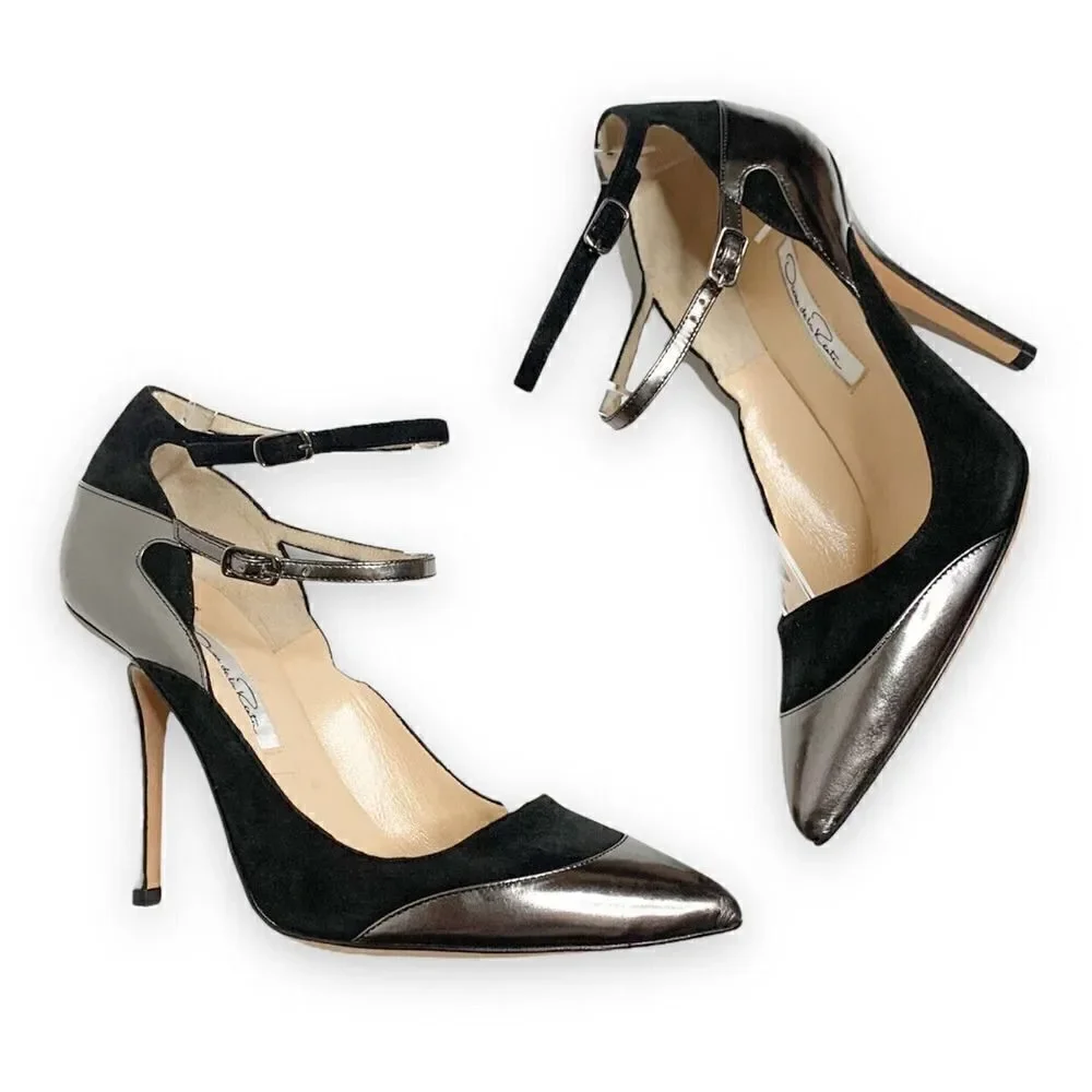 Oscar de la Renta Black Suede Metallic Leather Strap Pumps Women’s Size 37 / 6.5